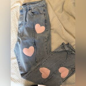 Boohoo Blue Jeans with Pink Heart Accents
